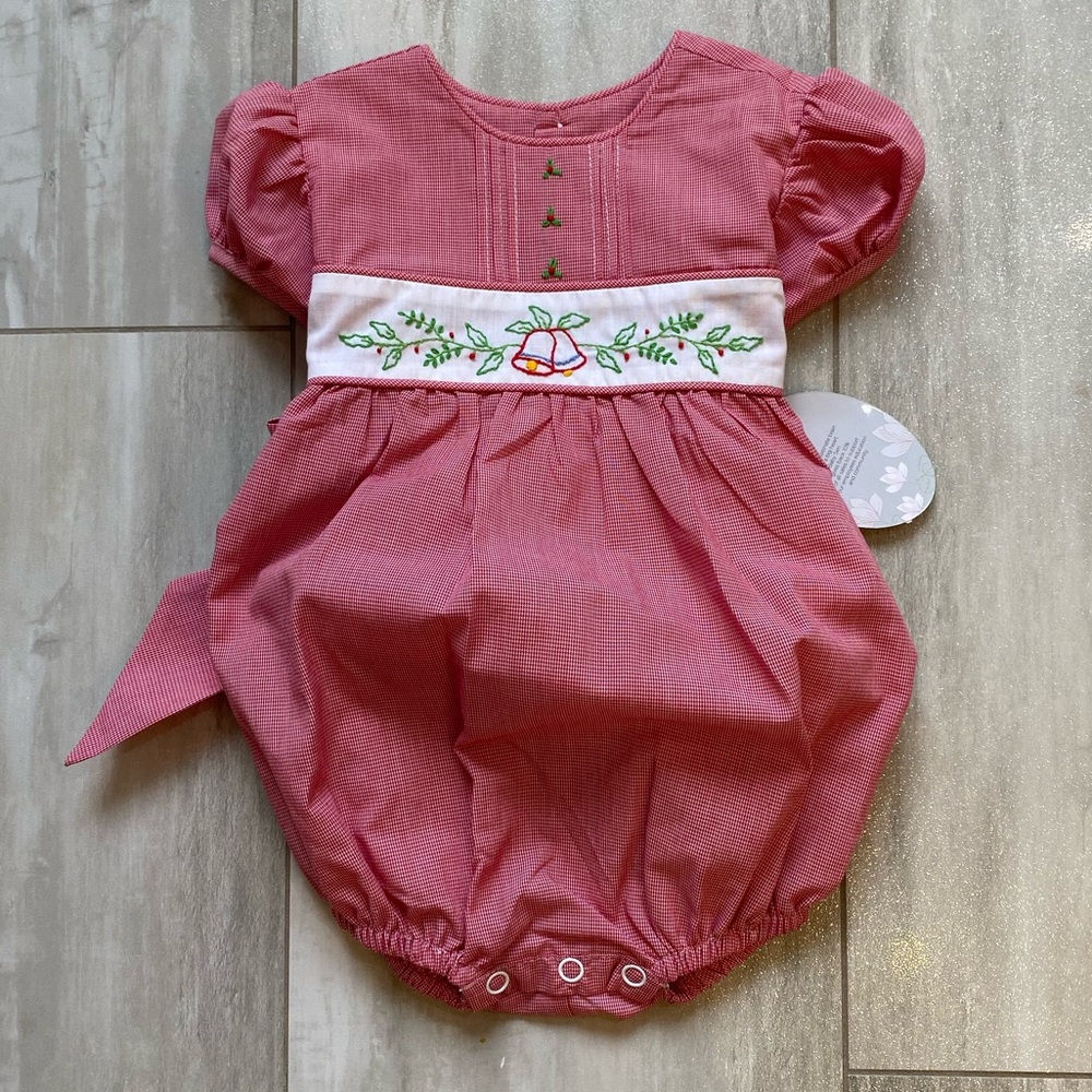NWT Baby Sen Red Gingham Checked Embroidered Christmas Bells Bubble Romper, 9M